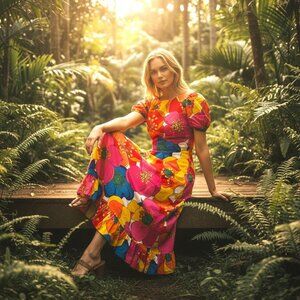 Vintage Malihini Designer’s Collection Hawaiian POP Floral Hostess Maxi Dress M